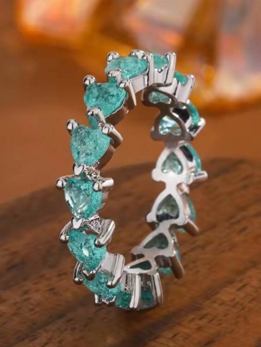 Sterling Silver Emerald Heart Eternity Ring - Full Paved Heart CZ Eternity Band